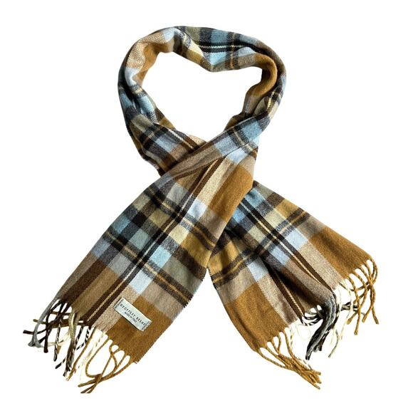Geoffrey Beene Camel Tartan Plaid Fringe Scarf Made in Italy - Picture 1 of 4